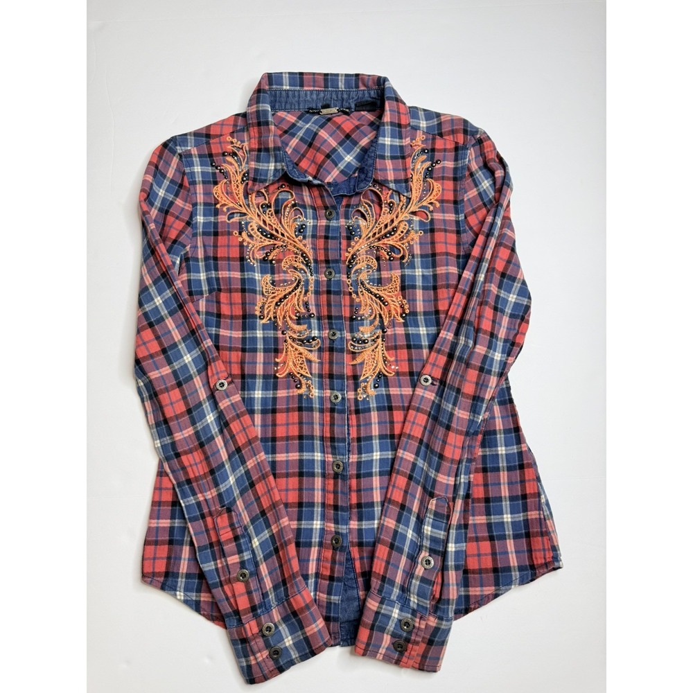 Miss Me Plaid Western Button Up Shirt Embroidered Size Women's Small Long Sleeve
